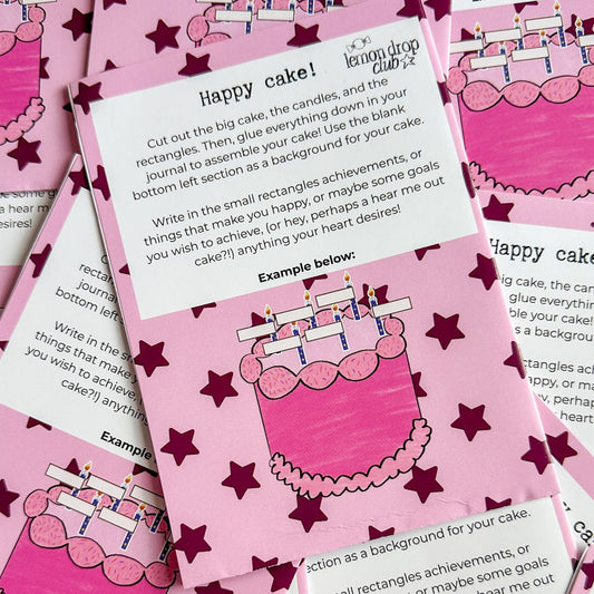 Pink cards with cake illustrations and text on a pink background 